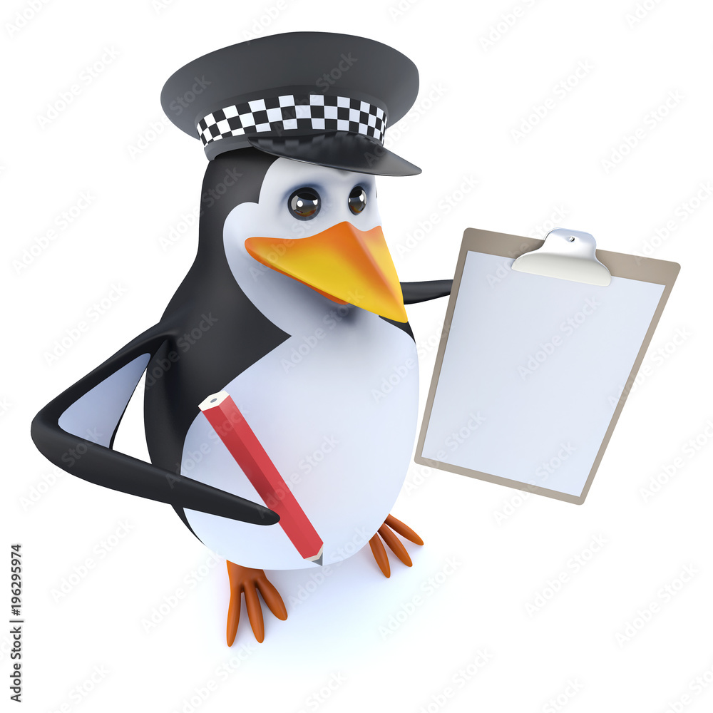 Fototapeta premium 3d Funny cartoon police penguin character holding a clipboard and pencil