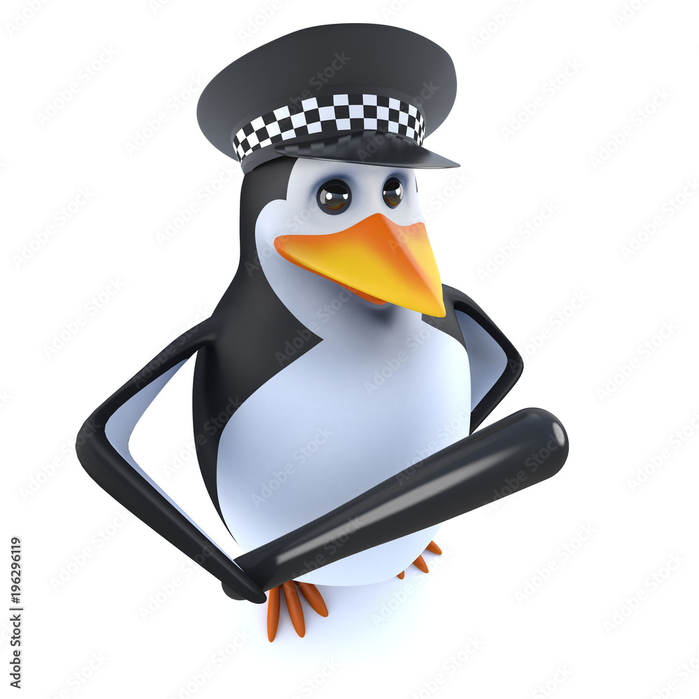 3d Funny cartoon police penguin character holding a truncheon baton Stock  Illustration | Adobe Stock