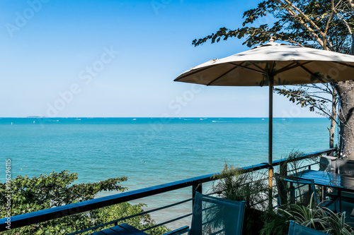 The beautiful restaurant sea view with blue sky in the nice holiday 