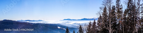 Fototapeta Naklejka Na Ścianę i Meble -  Morning fog. Winter snowy landscape in the Carpathian Mountains