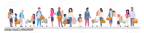 Group Of People Shopping Holding Paper Bags, Baskets And Carts Full Of Grocery Products Isolated On White Background Flat Vector Illustration