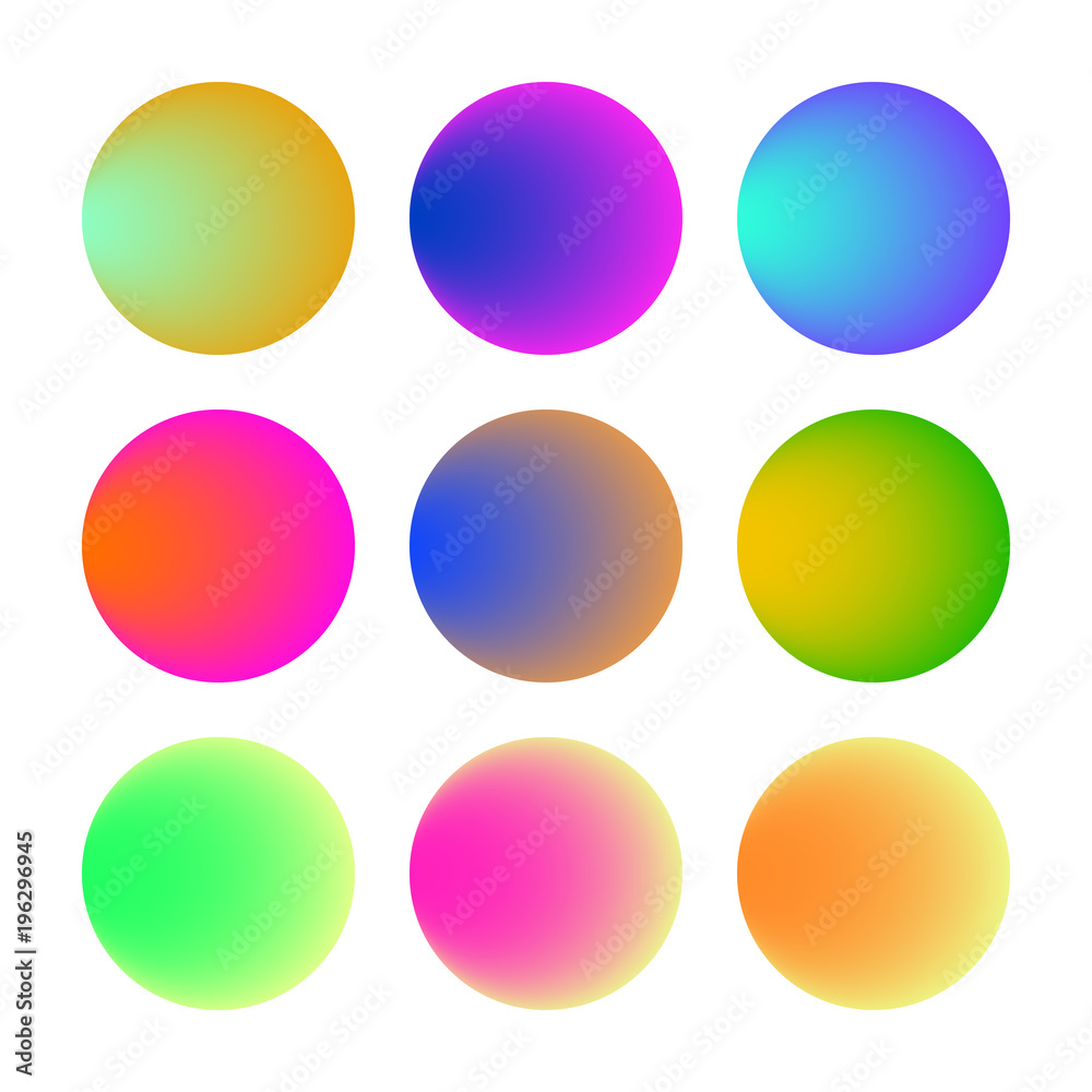 Trendy soft color round gradient set with abstract backgrounds. Template with round gradient set for screens, mobile app, greeting card, brochure, banner, calendar and flyer. Vector illustration.