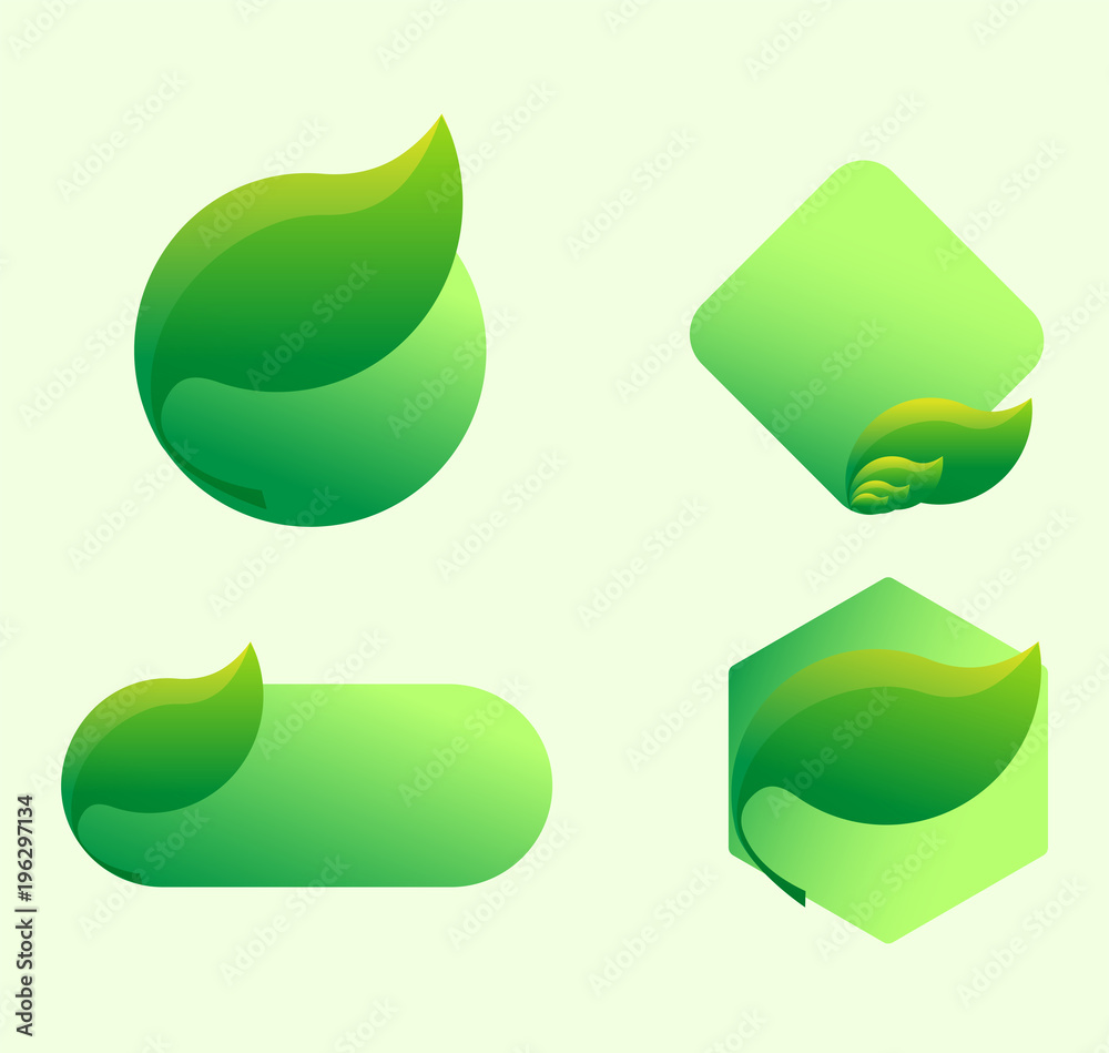 Set of bright green labels with leaves for organic, natural, eco or bio products Set of bright green labels with leaves for organic, natural, eco or bio products