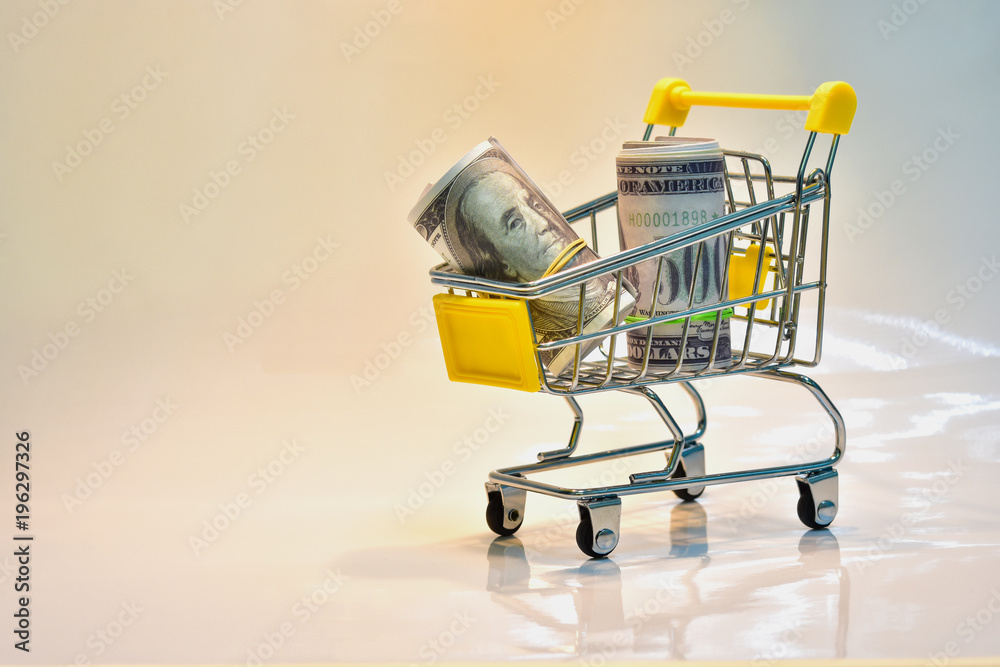 Close the supermarket grocery store, push the shopping cart with yellow handle with dollar banknotes isolated from the beautiful color background. The concept of shopping Copy ad slots