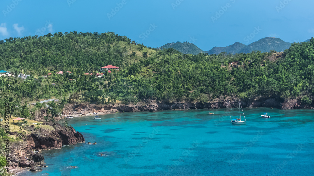 Guadeloupe, panorama of the Saintes islands, sailboats in a beautiful bay 
