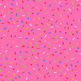 Strawberry glaze and many decorative bright sprinkles texture design. Seamless pattern, vector illustration.