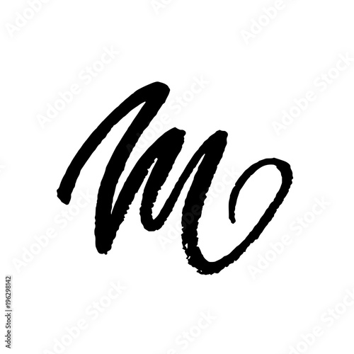 Letter M. Handwritten by dry brush. Rough strokes textured font. Vector illustration. Grunge style elegant alphabet.