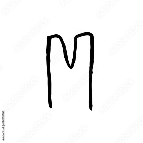 Letter M. Handwritten by dry brush. Rough strokes textured font. Vector illustration. Grunge style elegant alphabet.