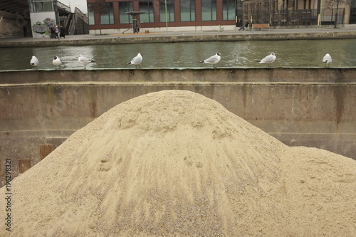 Fotografía Tas de sable dans une barge avec oiseaux