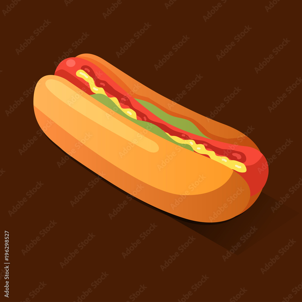 Hot dog isometric icon, concept unhealthy food, fast food illustration Hot dog isometric icon, concept unhealthy food, fast food illustration