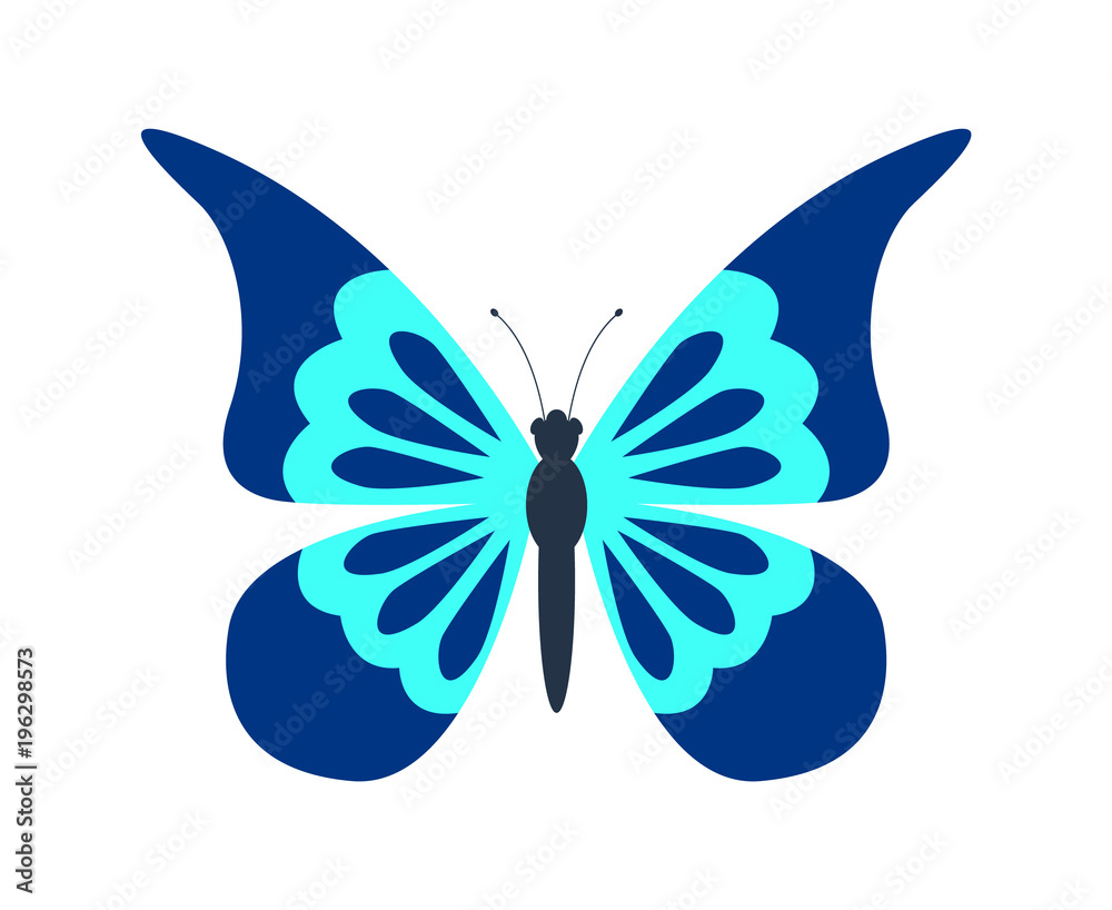 Blue butterfly isolated on white background. Vector illustration.