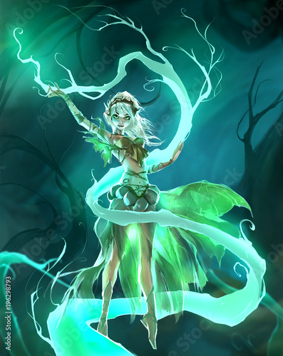 Cute cartoon colorful digital illustration of an elegant elf girl perfoming forest nature magic