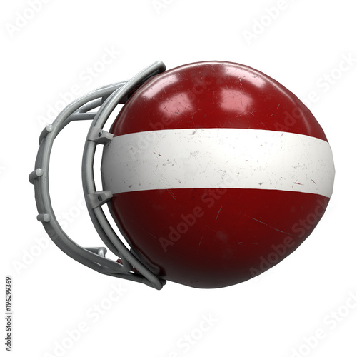Old American Football Helmet. Red helmet with dirt and scratches. Top view. Oldschool Used Sport Equipment. 3D render Illustration isolated on a white background.