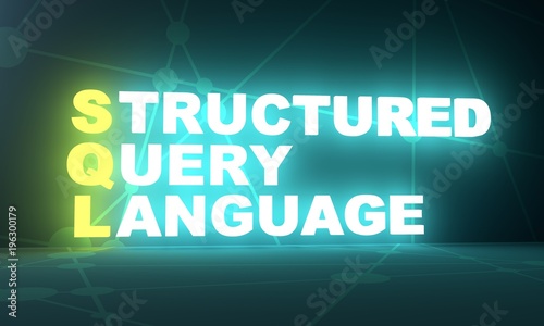 Acronym SQL - Structured Query Language. Internet conceptual image. 3D rendering. Neon bulb illumination