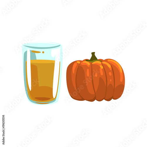 Pumpkin vegetable juice, glass of natural vegetarian drink, healthy organic food vector Illustration on a white background