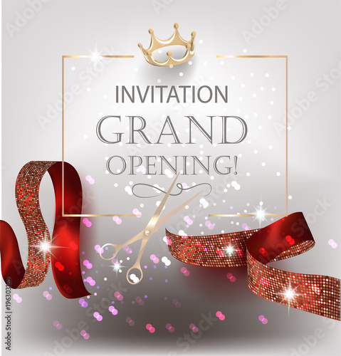 Grand opening banner with red curly sparkling ribbons. Vector illustration