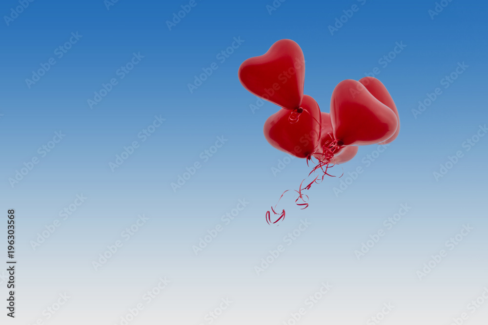 red Balloons fly on weddings in the blue sky  horizontal