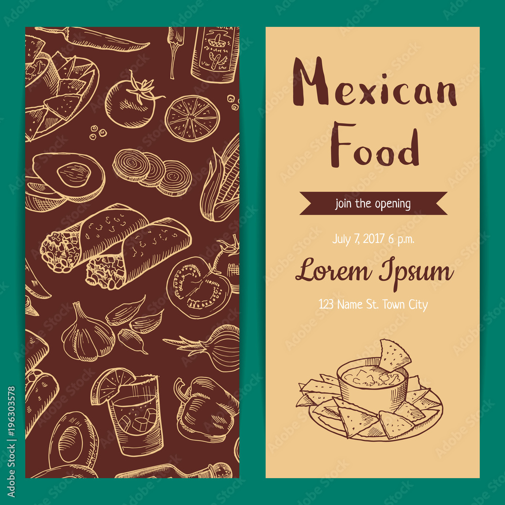 Vector banner, flyer or invitation template for restaurant cafe mexican food elements