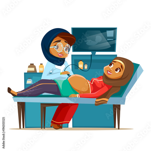 Vector cartoon arab ultrasound pregnancy screening concept. Muslim khaliji doctor woman medical uniform hijab scanning young arabic mother belly looking monitor. Baby health diagnostic illustration