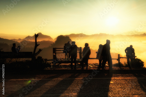 Morning light with fog. Cha Bo Viewpoint in Mae Hong Son,Thailand. Many tourists come to see the fog in the morning. Some people take photos as memories.