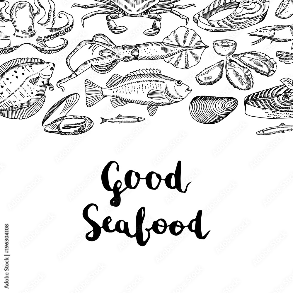 Vector background illustration with hand drawn seafood elements and lettering