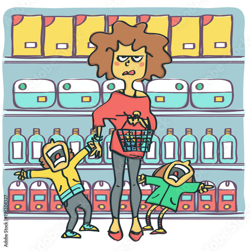 Angry and miserable woman with two raging kids at supermarket, colorful funny vector cartoon