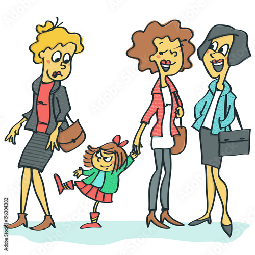 Woman with child busy talking to a friend and does not notice her little girl rudeness to stranger, colorful vector cartoon illustration