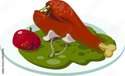 Bad food. Plate with rotten chicken's leg, apple and mushrooms. 