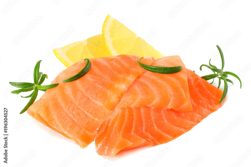 Red fish. Raw salmon fillet with rosemary isolate on white background