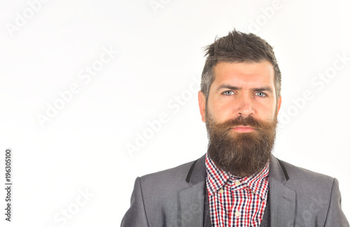 Vintage fashion. Man in suit, shirt, waistcoat. Bearded man in stylish retro clothes. Elegant fashion. Man with beard and mustache in retro style. Isolated on white background.Copy space for advertise