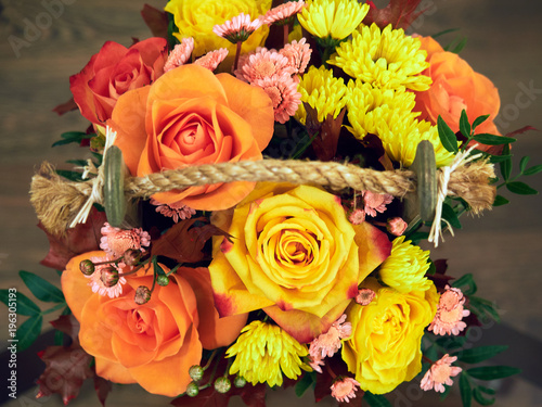close-up of colored bouquet of red and yellow flowers
