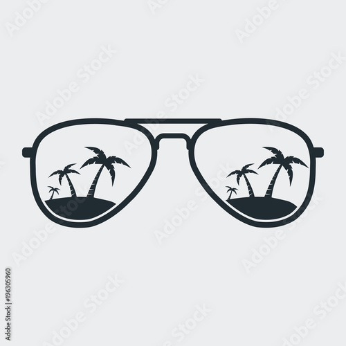 Icono plano gafas de sol con playa en fondo gris