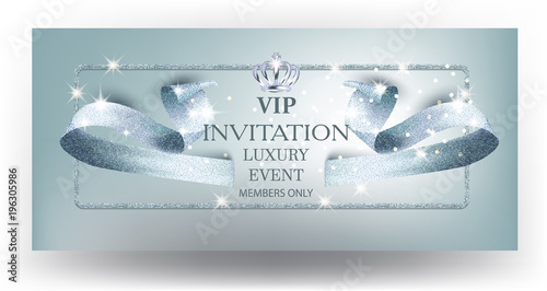 VIP blue beautiful invitation card with curly textured ribbon and crown. Vector illustration