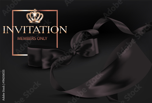 VIP invitation card with elegant black ribbon and gold frame. Vector illustration