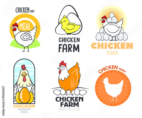 set of logos with chicken and eggs, vector, isolated on a white background, with different logos chicken and eggs, simple logos about chicken, meat and eggs.
