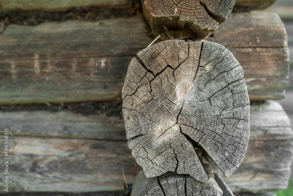 Old grey log as part of tradiotional russian hut. Can be used as background Old grey log as part of tradiotional russian hut. Can be used as background