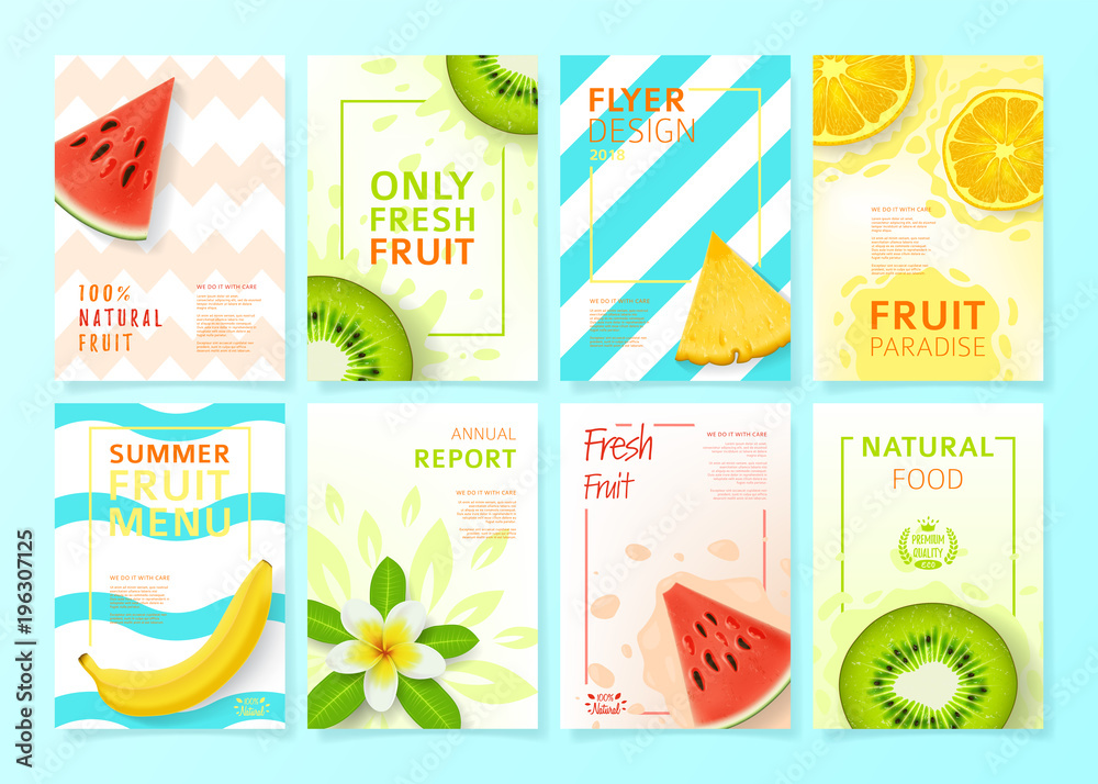Set of fruit menu flyer design templates. Vector illustration with realistic tropical summer fruit. Brochures design for promo posters or covers in A4 format size.