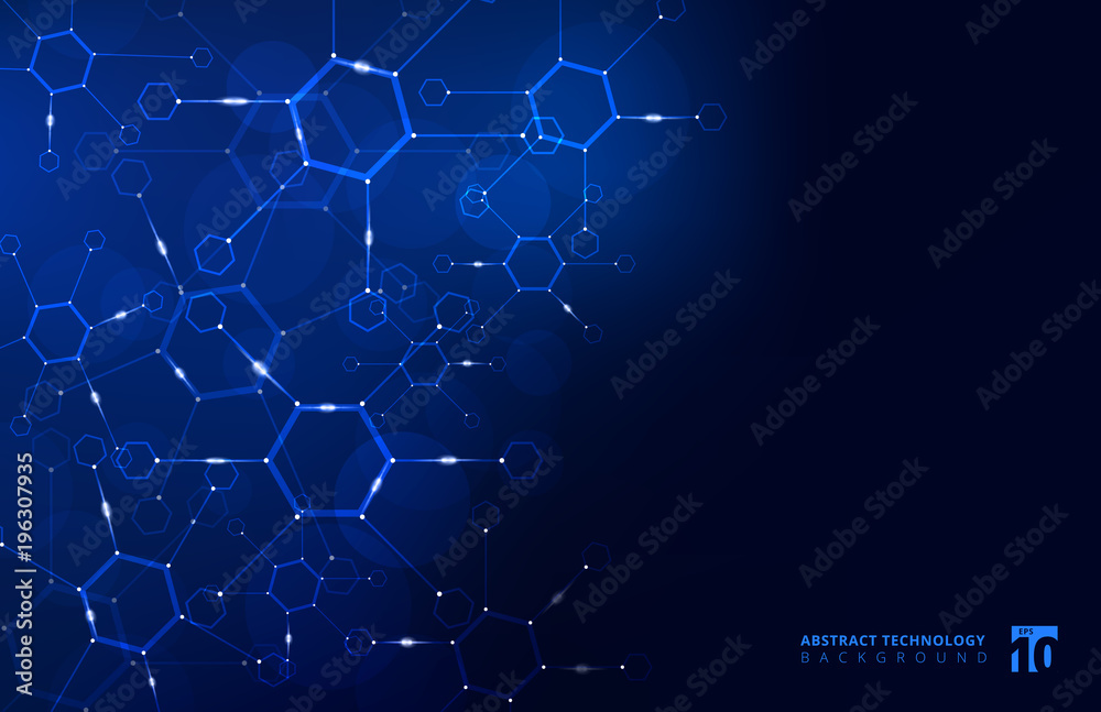 Obraz premium Abstract hexagon geometric background with connected line and dots on blue background. Big data Visualization.
