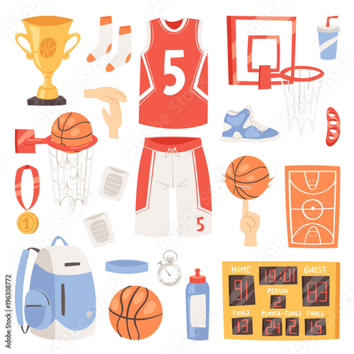 Basketball vector sportswear and ball in net hoop on basketball court illustration set of sportsman clothes for gym isolated on white background