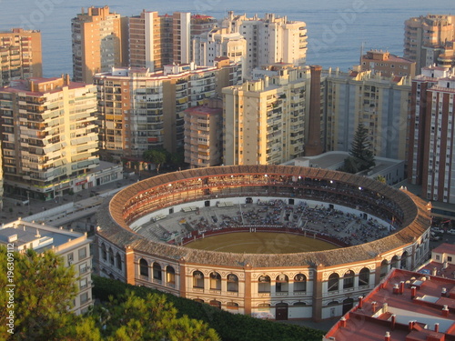 View of the Malaga Bullring and the Mediterranean from thee Alcaza