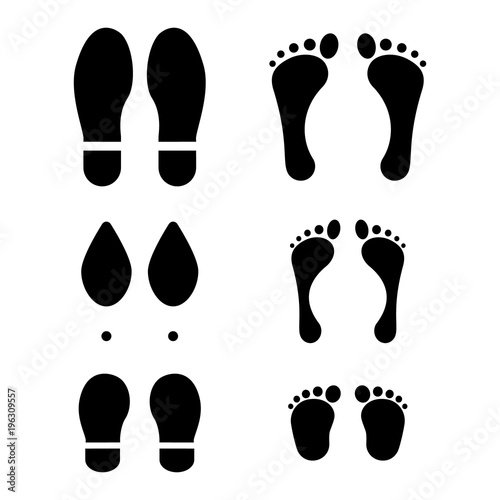 Set of human footprints. Man, woman and child shod and barefoot traces