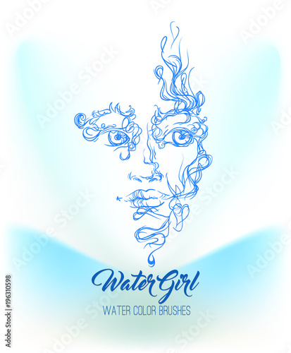 Vector face girl or woman in water wave lines. Can be used for logotype or print for case or shirt or t-shirt. Water face ornament. photo