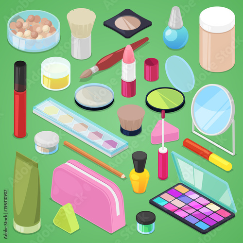Cosmetic vector beauty make up cosmetology for beautiful woman with makeup foundation powder or eyeshadow illustration set of cosmetician accessories in cosmetologist isometric isolated on background