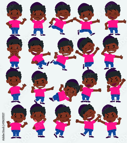 Cartoon character black boy in a swimsuit. Set with different postures, attitudes and poses, doing different activities in isolated vector illustrations.