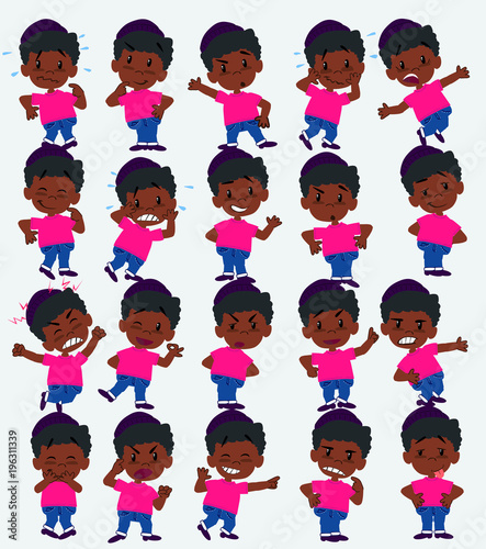 Cartoon character black boy in a swimsuit. Set with different postures, attitudes and poses, doing different activities in isolated vector illustrations.