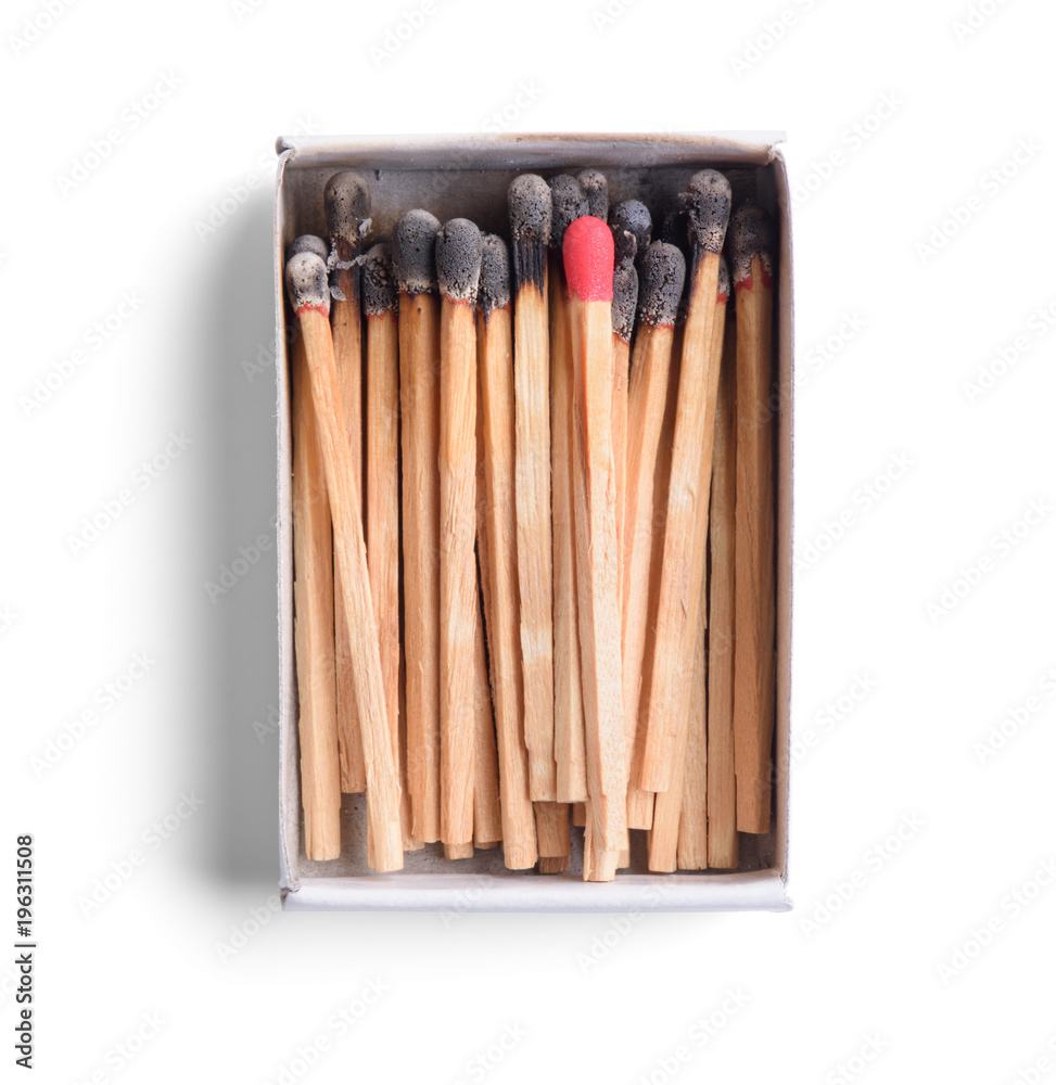 Top view of opened match boxes with burned matchsticks. Isolated on white background