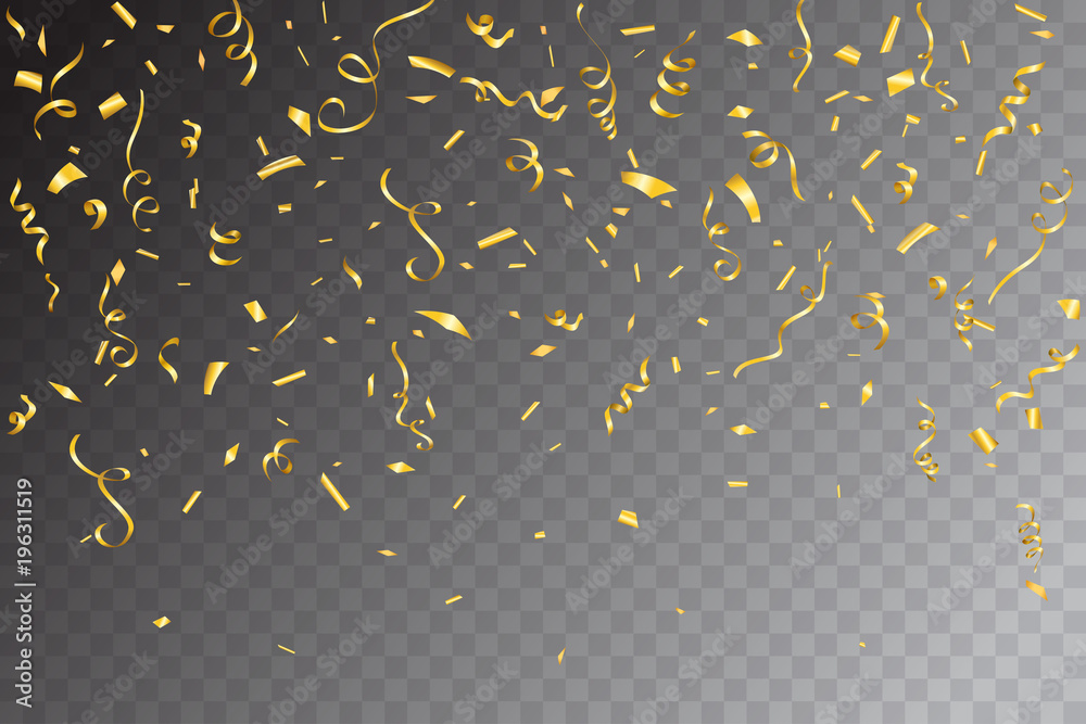 Festive design. Border of gold bright confetti isolated on transparent background. Party decoration frame for birthday, anniversary, celebration. Vector illustration, eps 10. Festive design. Border of gold bright confetti isolated on transparent background. Party decoration frame for birthday, anniversary, celebration. Vector illustration, eps 10.