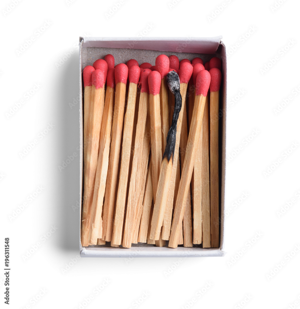 Top view of opened match boxes with burned matchsticks. Isolated on white background