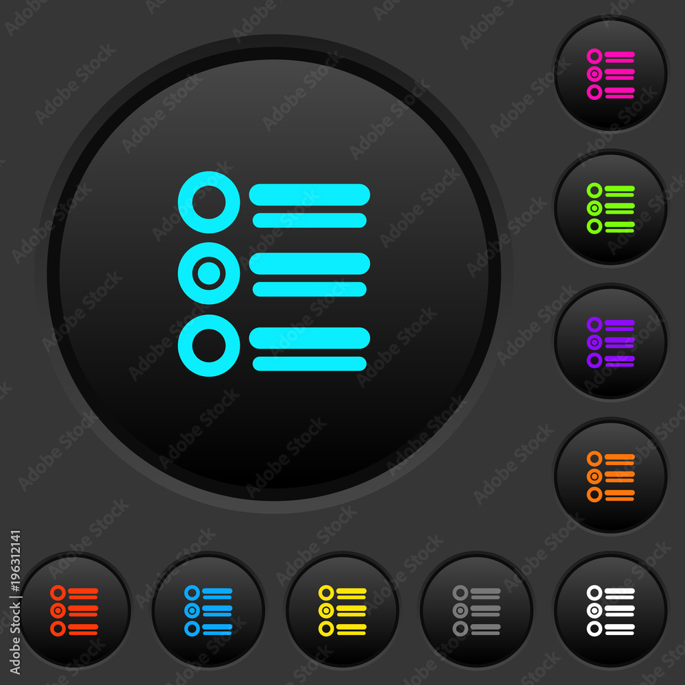 Radio group dark push buttons with color icons Radio group dark push buttons with color icons