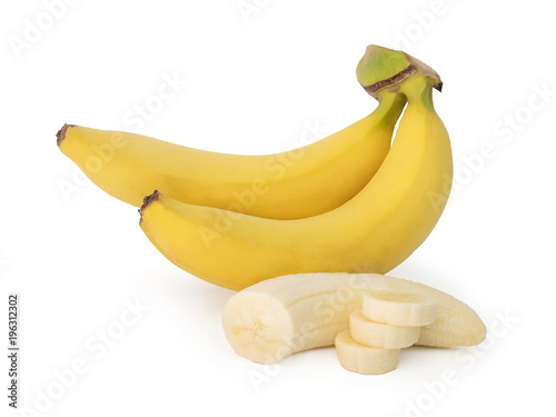 bunch of banana and banana slice isolated on the white background with clipping path
